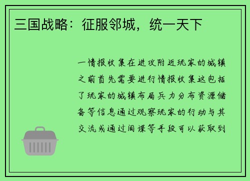 三国战略：征服邻城，统一天下